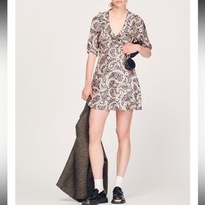 NWT SANDRO 100% Silk V-Neck Casablanca Mini Dress Size 38 (US 6)